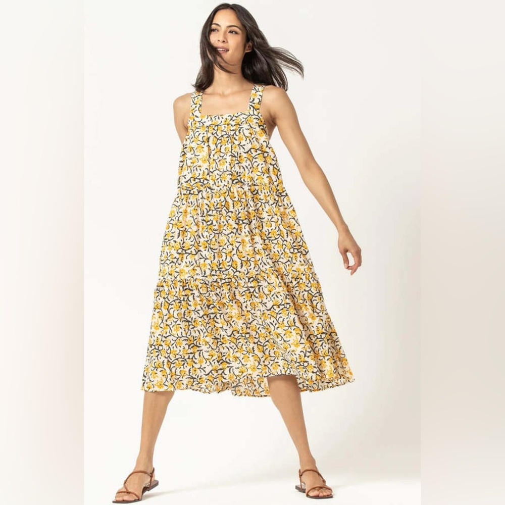 LILLA P. $200 PEPLUM SEAM TANK DRESS - GOLD PRINT